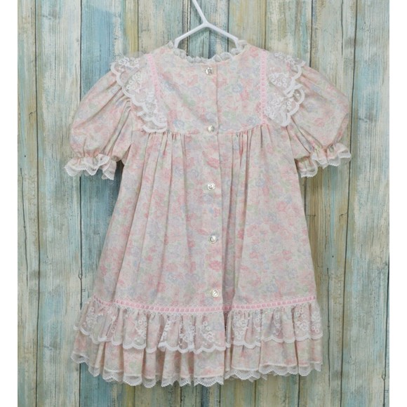Vintage Bryan Girls 4T Pink Lace Floral Dress Back Button Ruffle Gown RARE - Picture 2 of 11